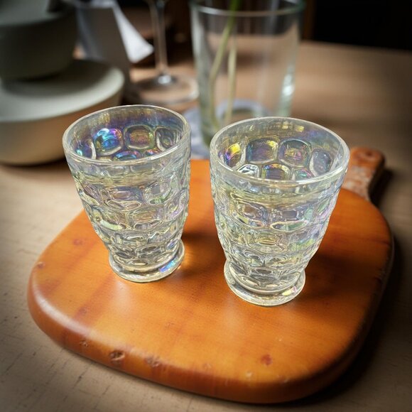 Set Of 2 Colonial Yorktown Iridescent Federal Glass Tumblers  6 oz  Thumbprint - Picture 5 of 7